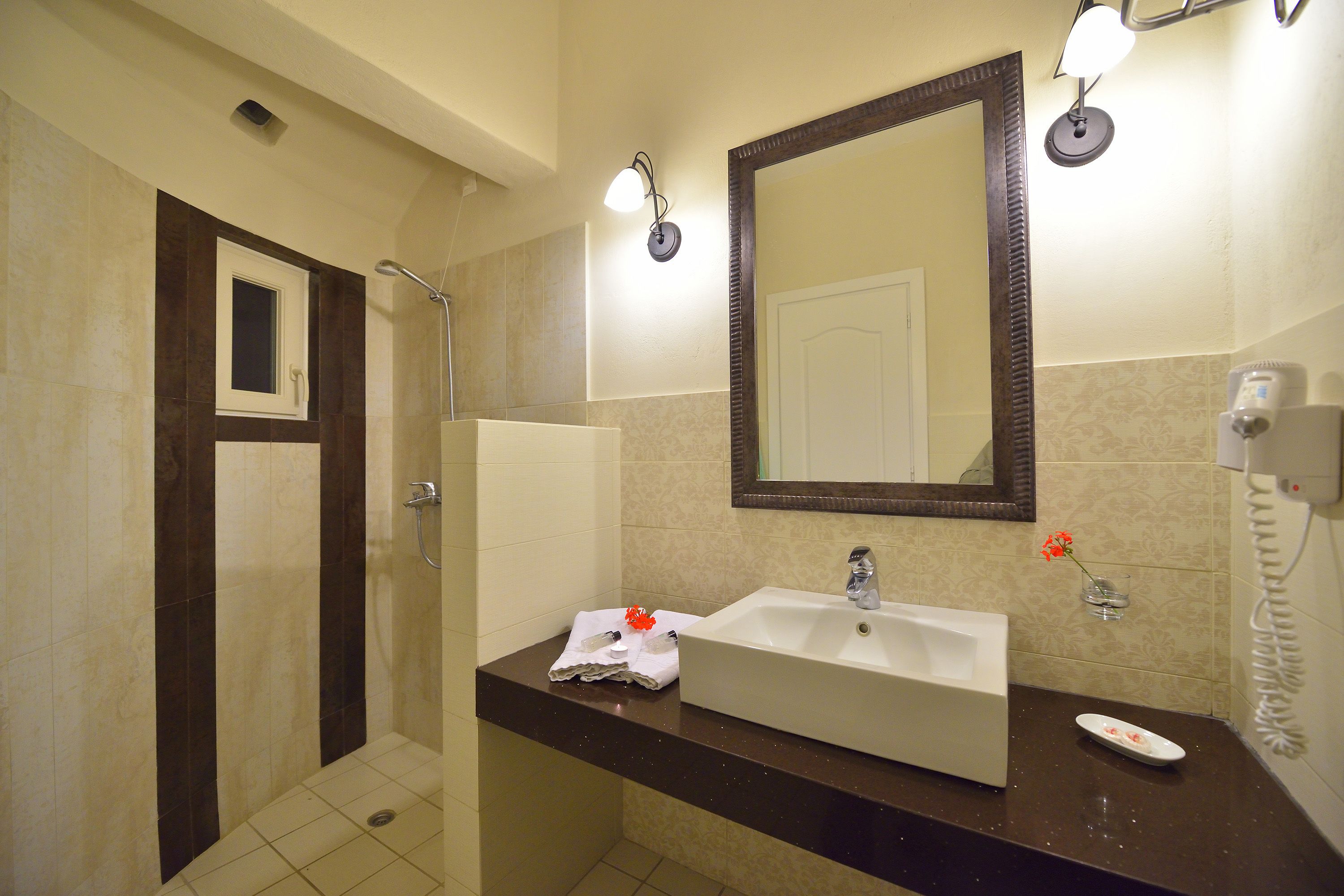 shower, free toiletries, hair dryer, towels