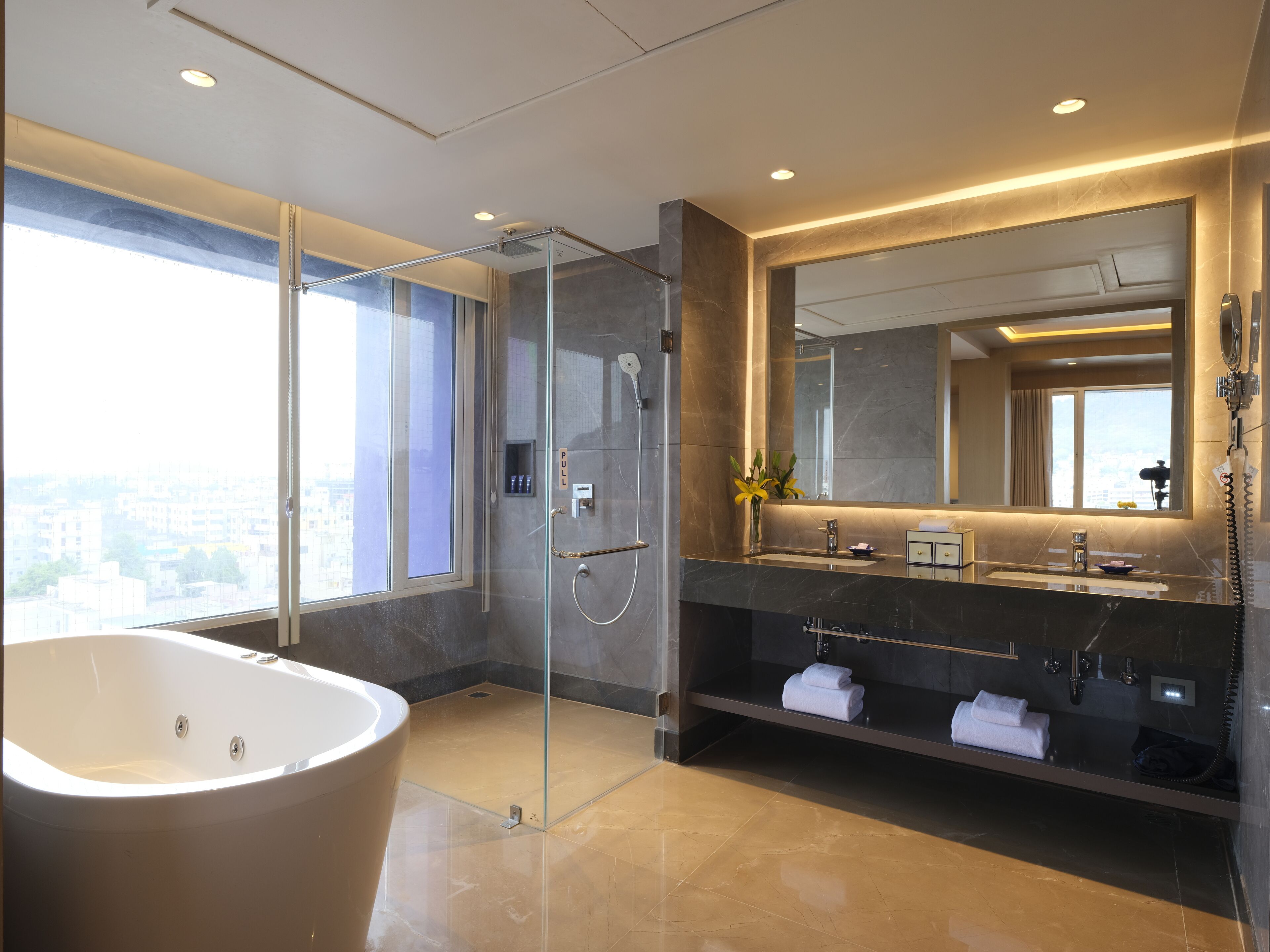 free toiletries, hair dryer, bathrobes, towels