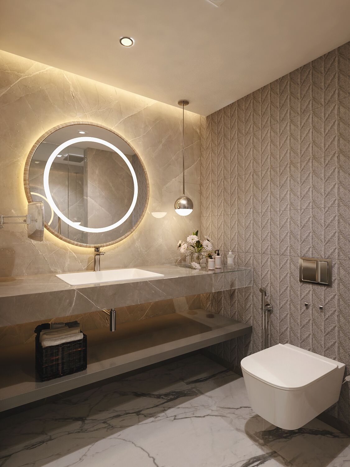 A modern bathroom with a round mirror, a rectangular sink, and a white toilet.