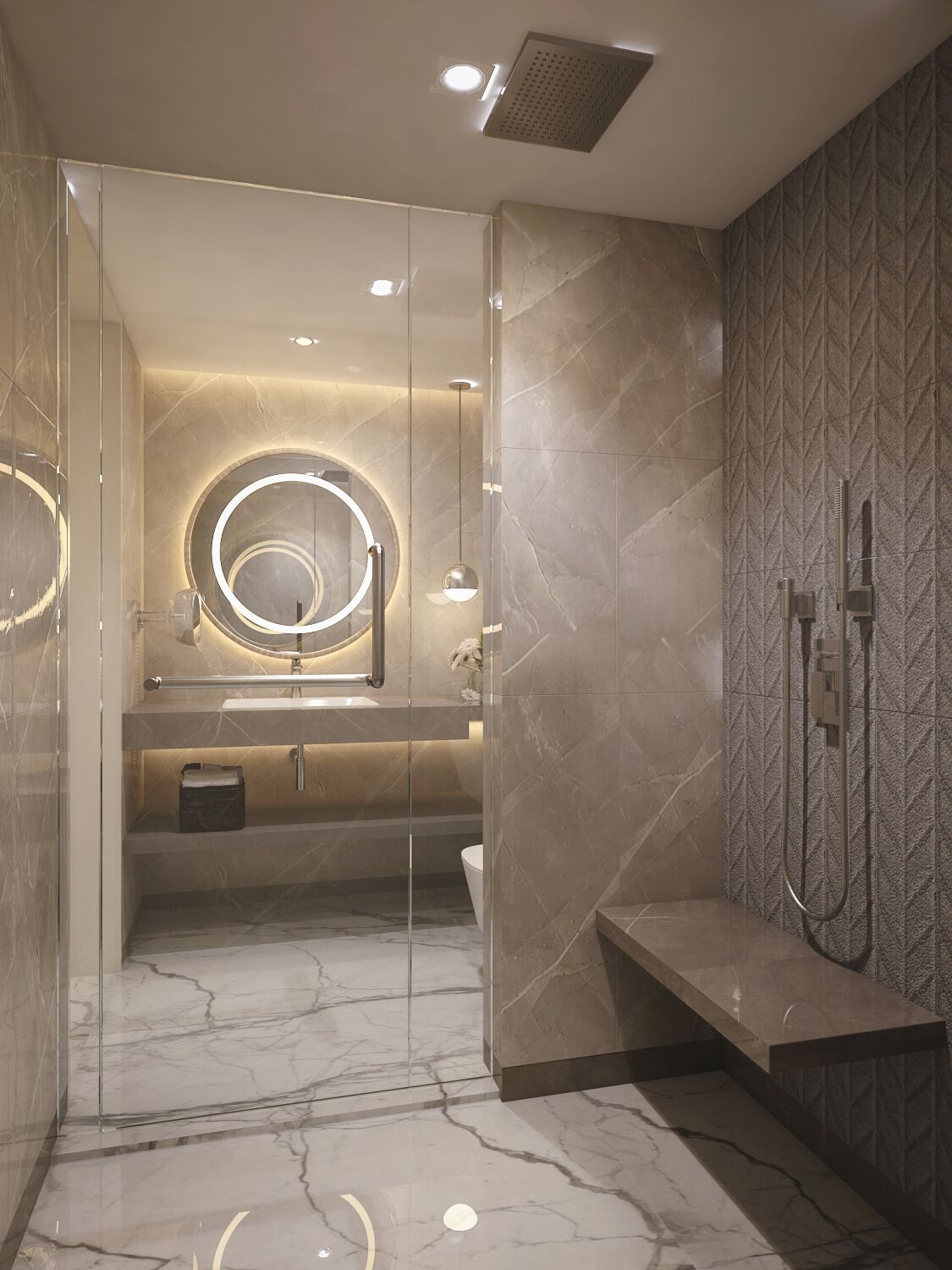 A modern bathroom with a glass-enclosed shower, a round mirror with a light, and a marble floor.