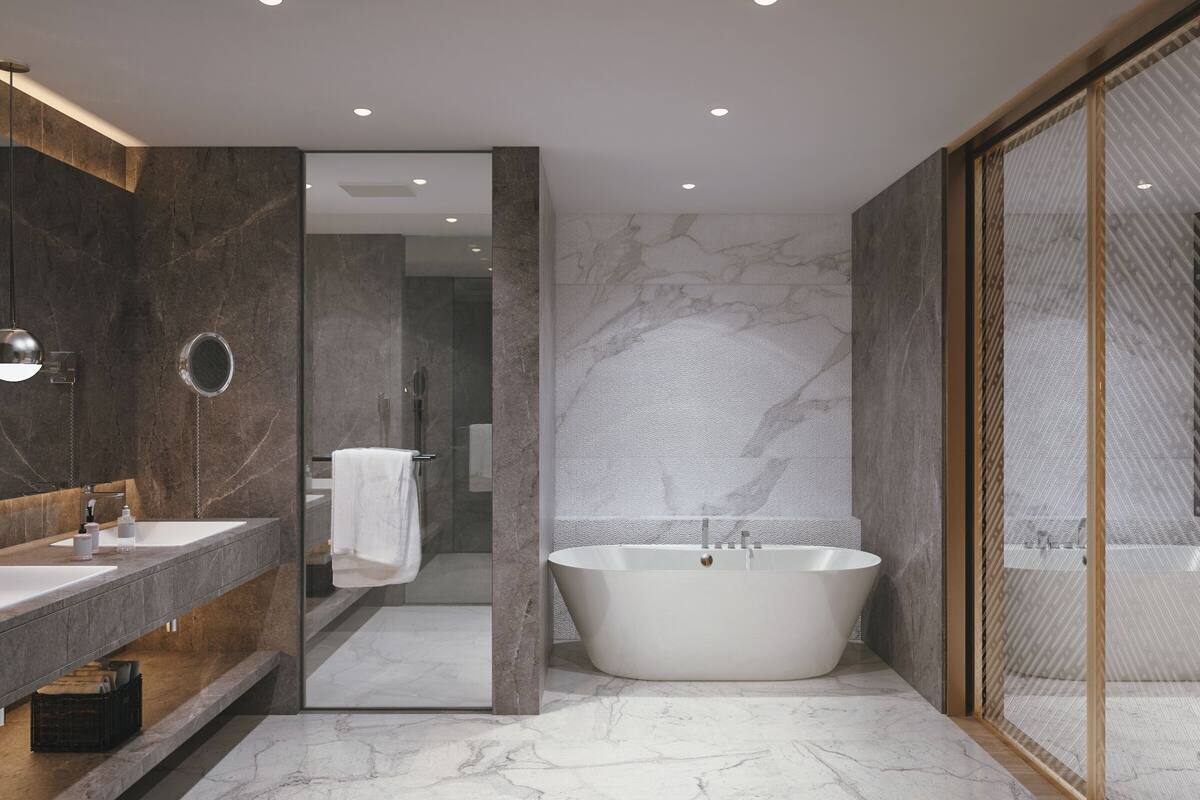 executive suite, 1 king bed | bathroom | free toiletries, hair dryer, bathrobes, towels