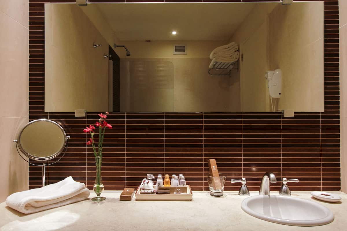 junior suite, river view | bathroom | combined shower/bathtub, rainfall showerhead, free toiletries