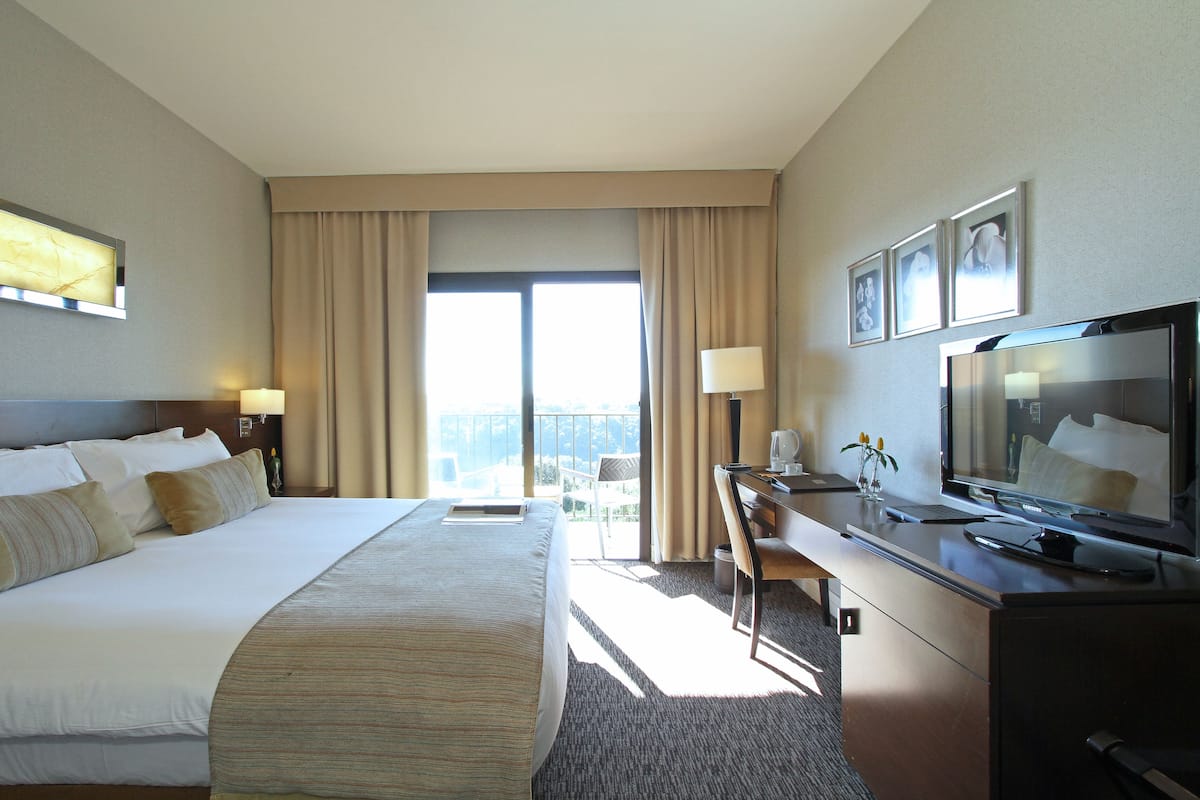 A hotel room with a large bed, a desk with a computer, a television, and a view of the outdoors.
