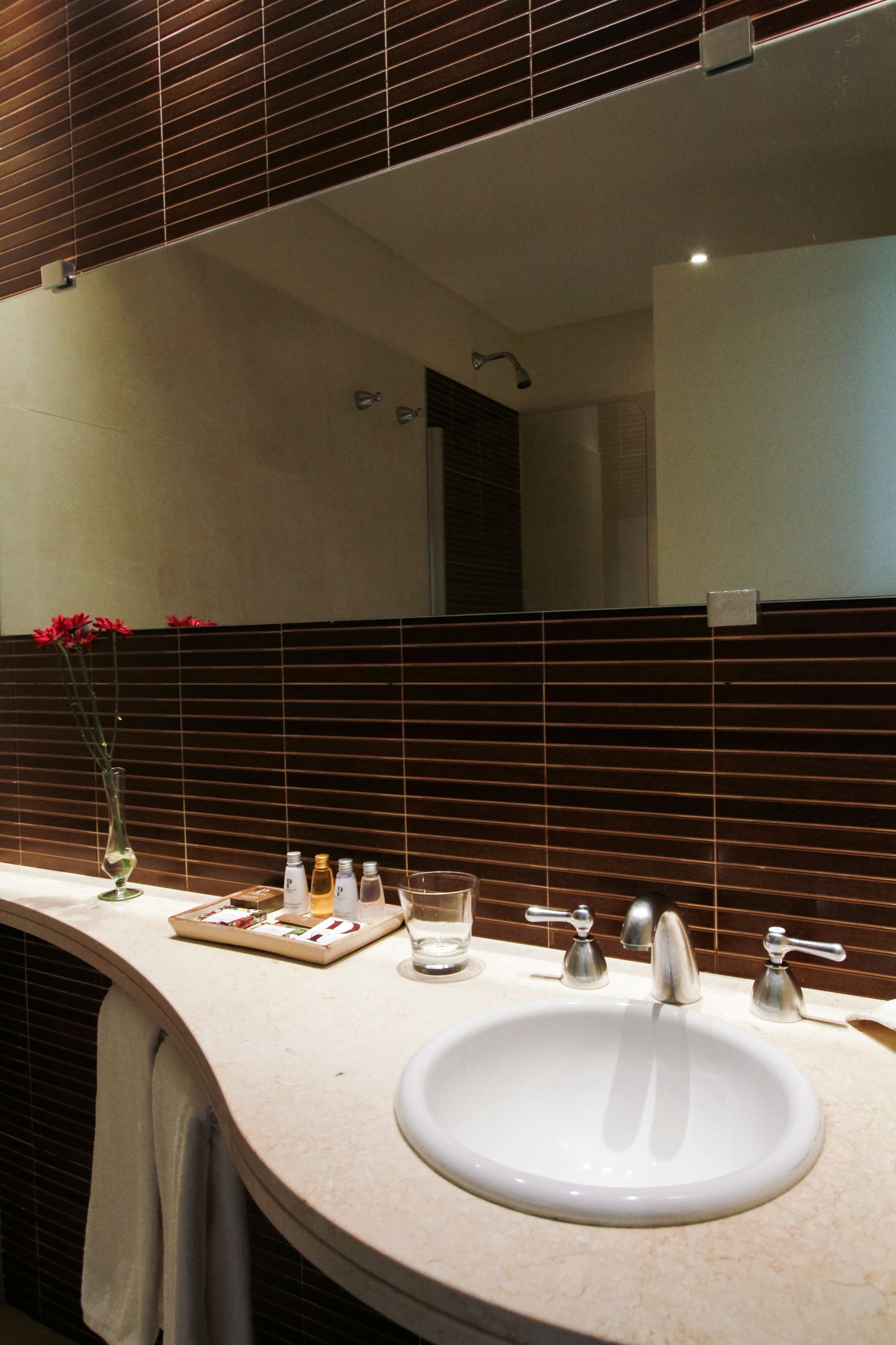 combined shower/bathtub, rainfall showerhead, free toiletries