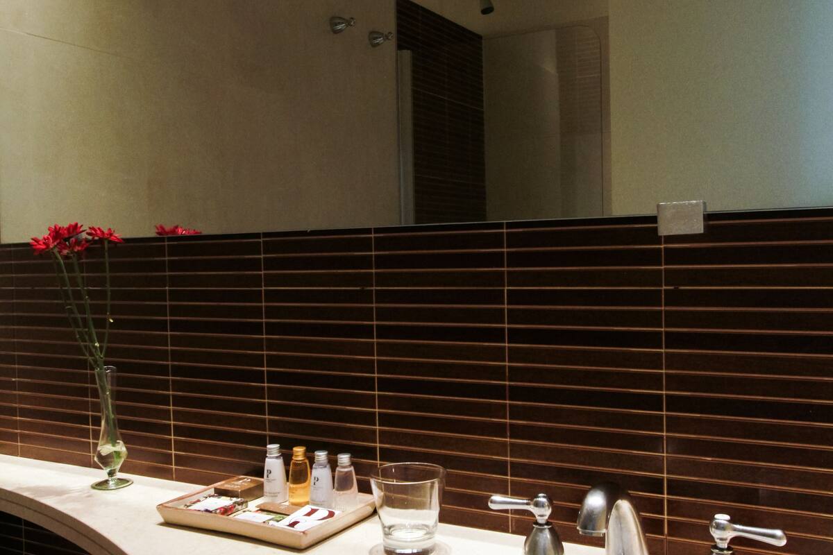 combined shower/bathtub, rainfall showerhead, free toiletries