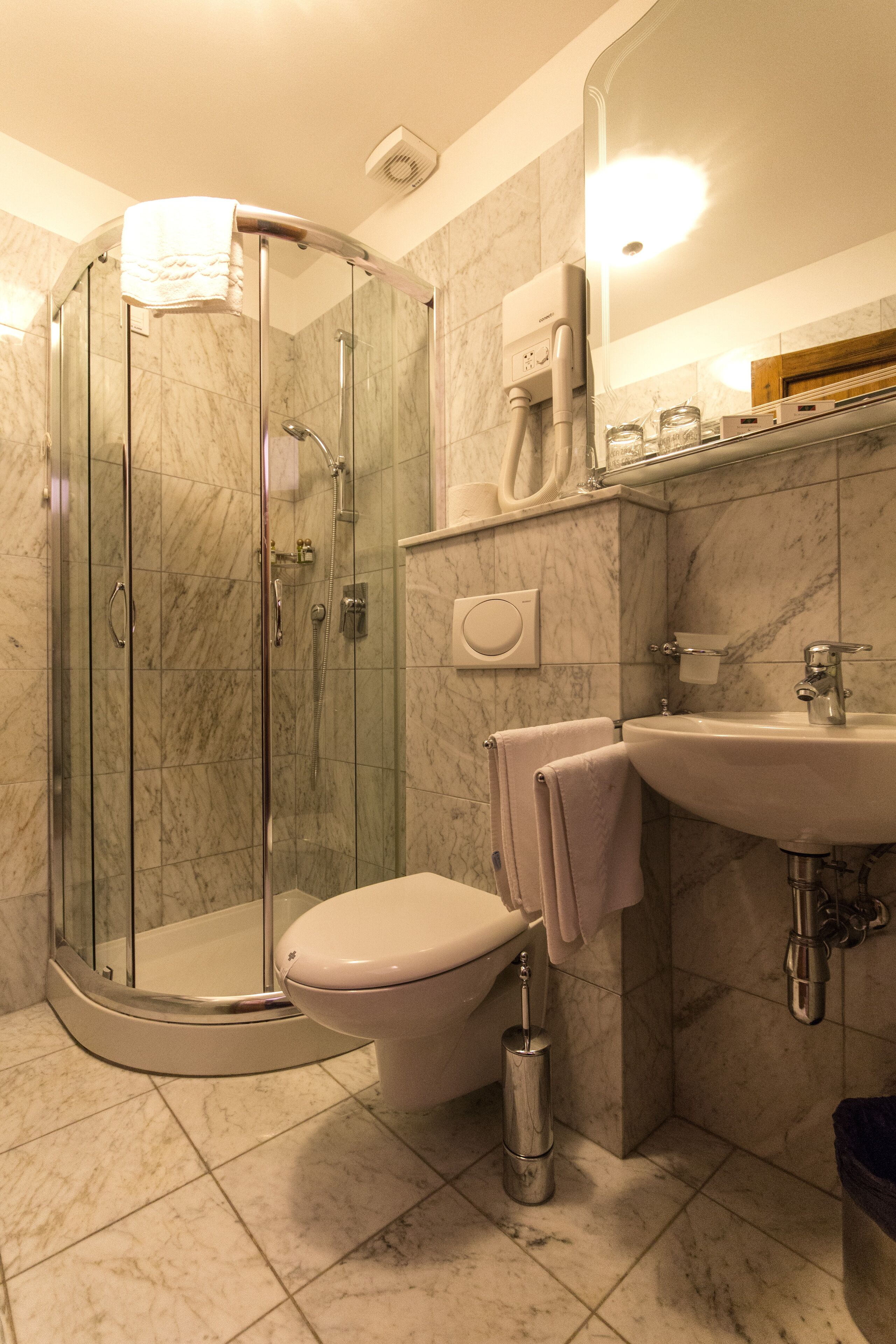 A bathroom with a glass-enclosed shower, a toilet, a sink, and a mirror.