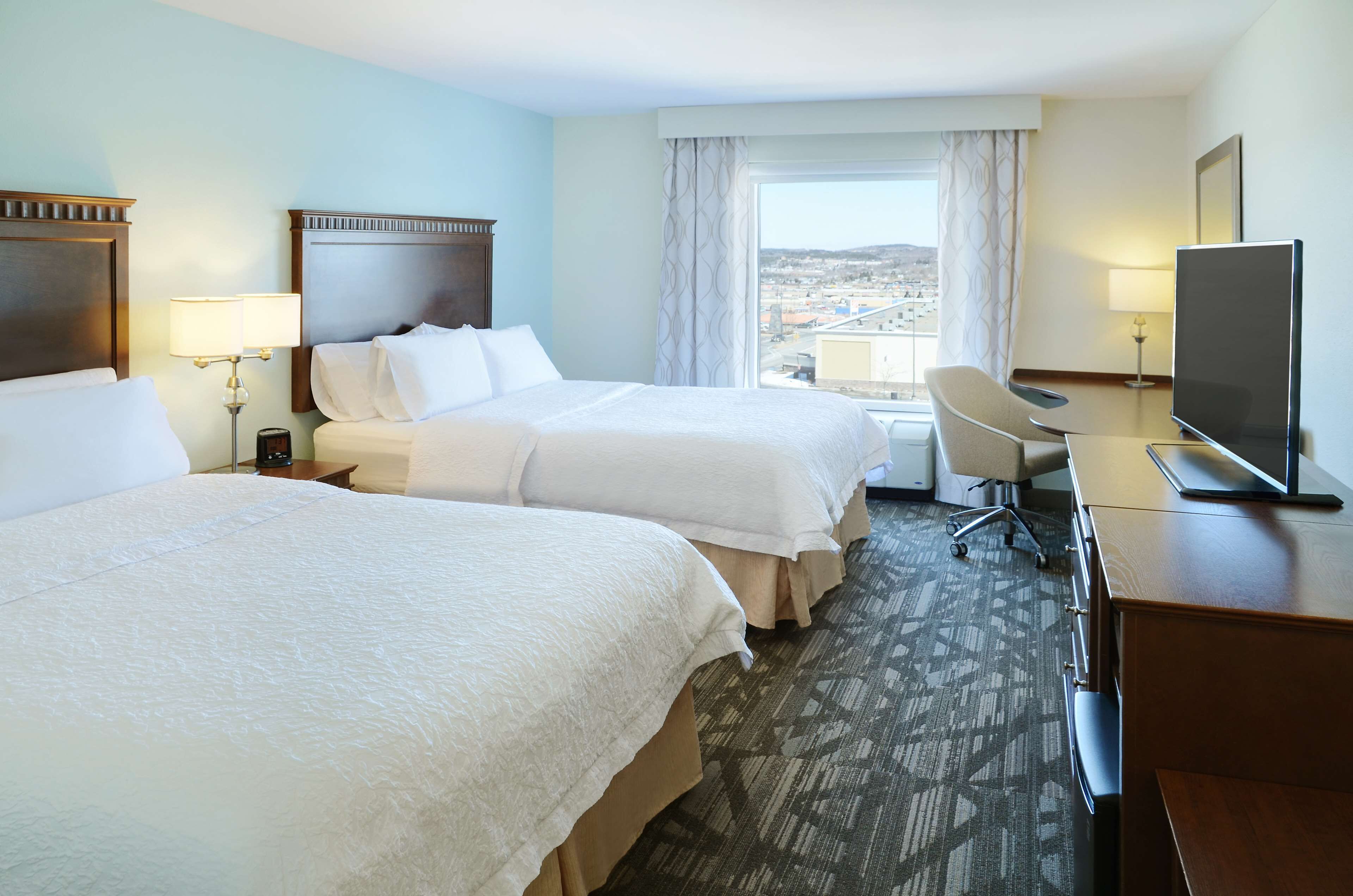 A hotel room with two beds, a desk, a chair, a TV, and a window with a city view.