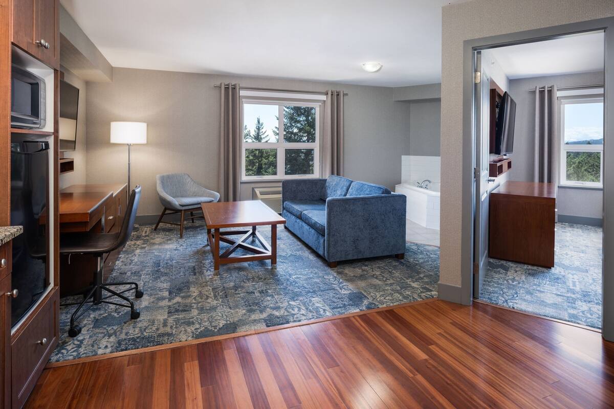 A modern hotel room with a wooden floor, a sofa, a chair, a desk, a lamp, a TV, and a view of the outdoors.
