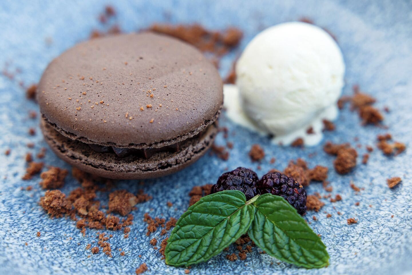 Un macaron de chocolate y una bola de helado de vainilla sobre una superficie rugosa, con migas dispersas y una hoja de menta.