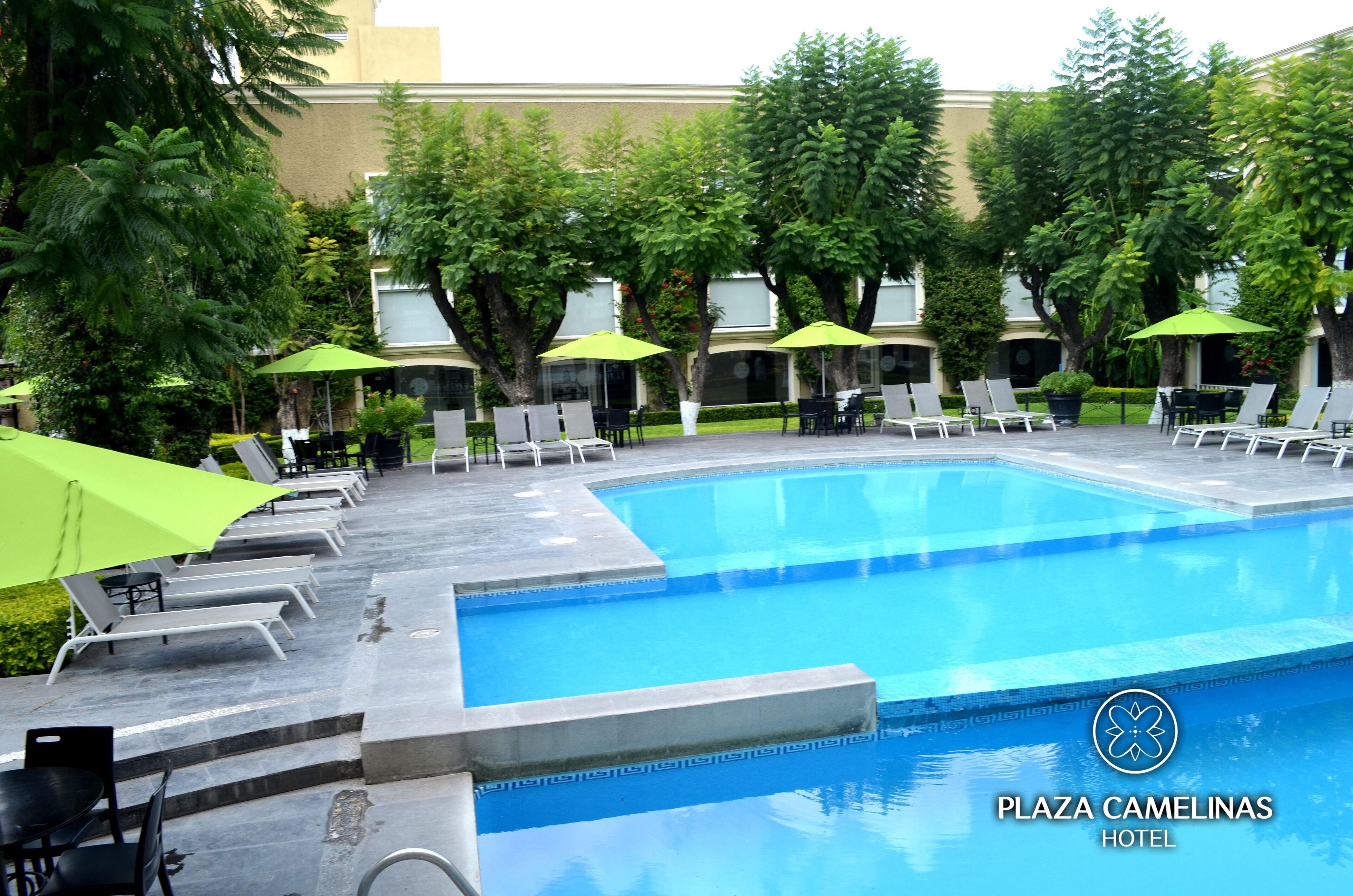 Una piscina con sillones de descanso y sombrillas, rodeada de árboles y un edificio al fondo.
