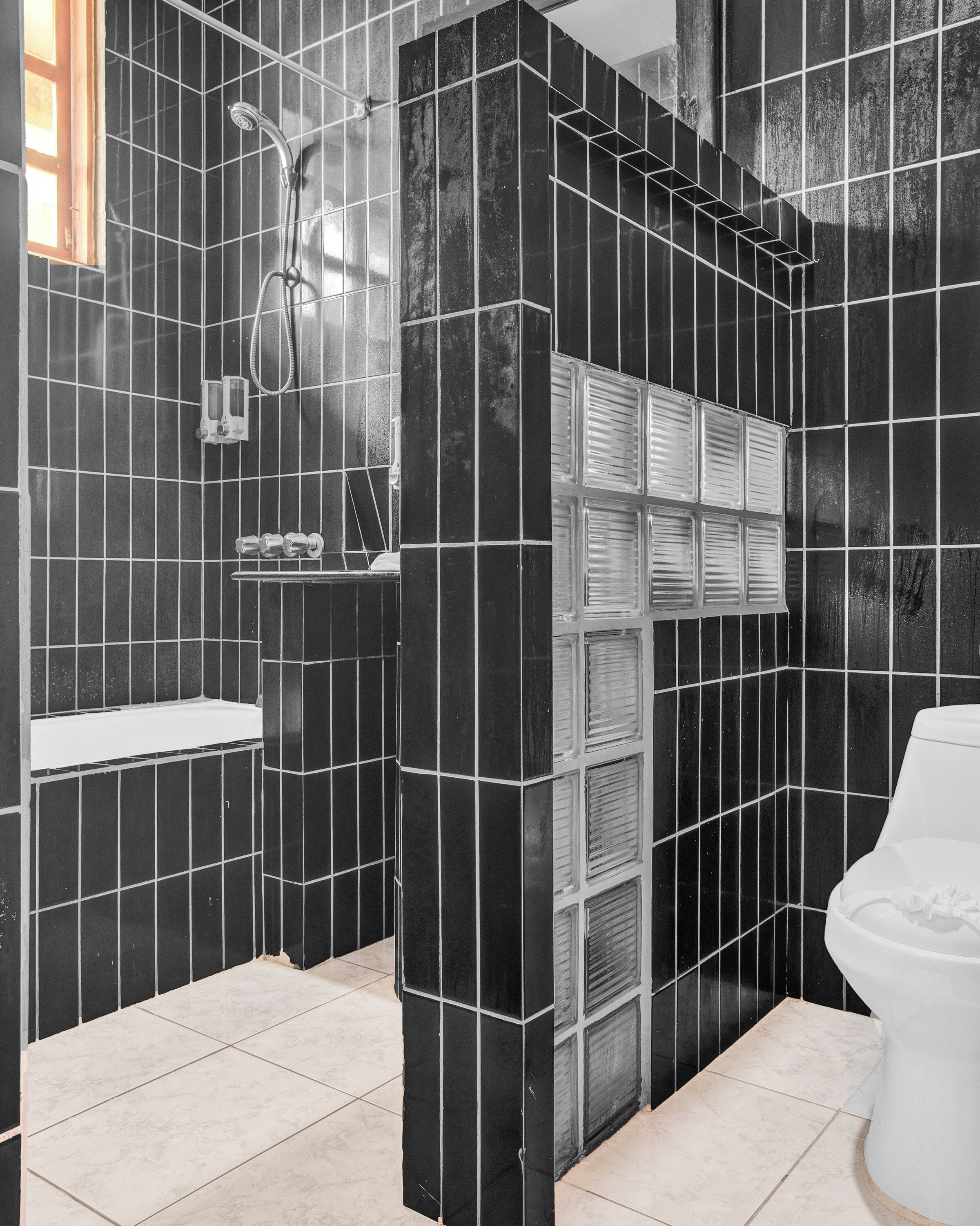 combined shower/bathtub, deep-soaking bathtub, free toiletries