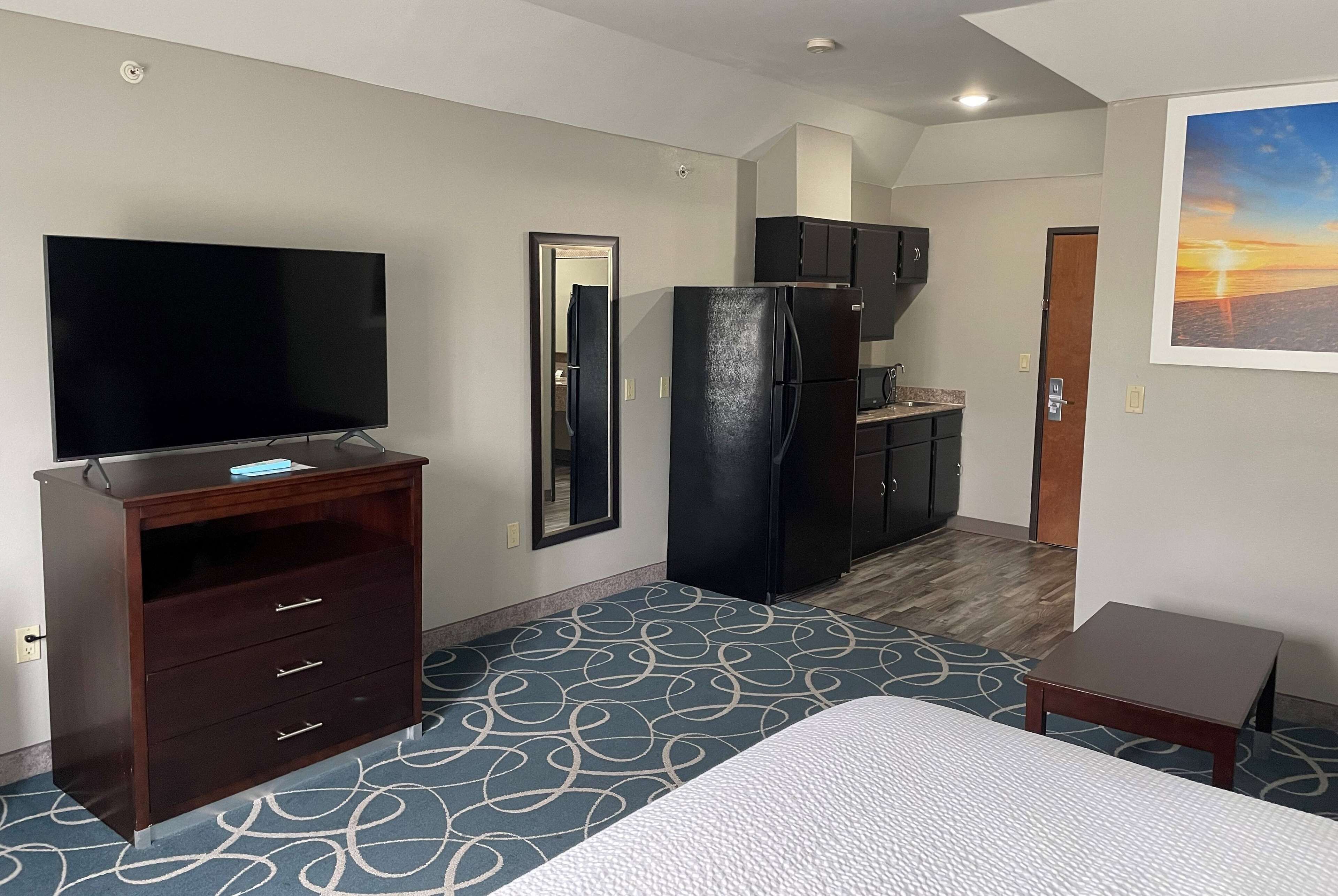 Una habitación de hotel con cama, televisión, cómoda de madera oscura, refrigerador negro, pequeña cocina y un cuadro de un atardecer en la pared.