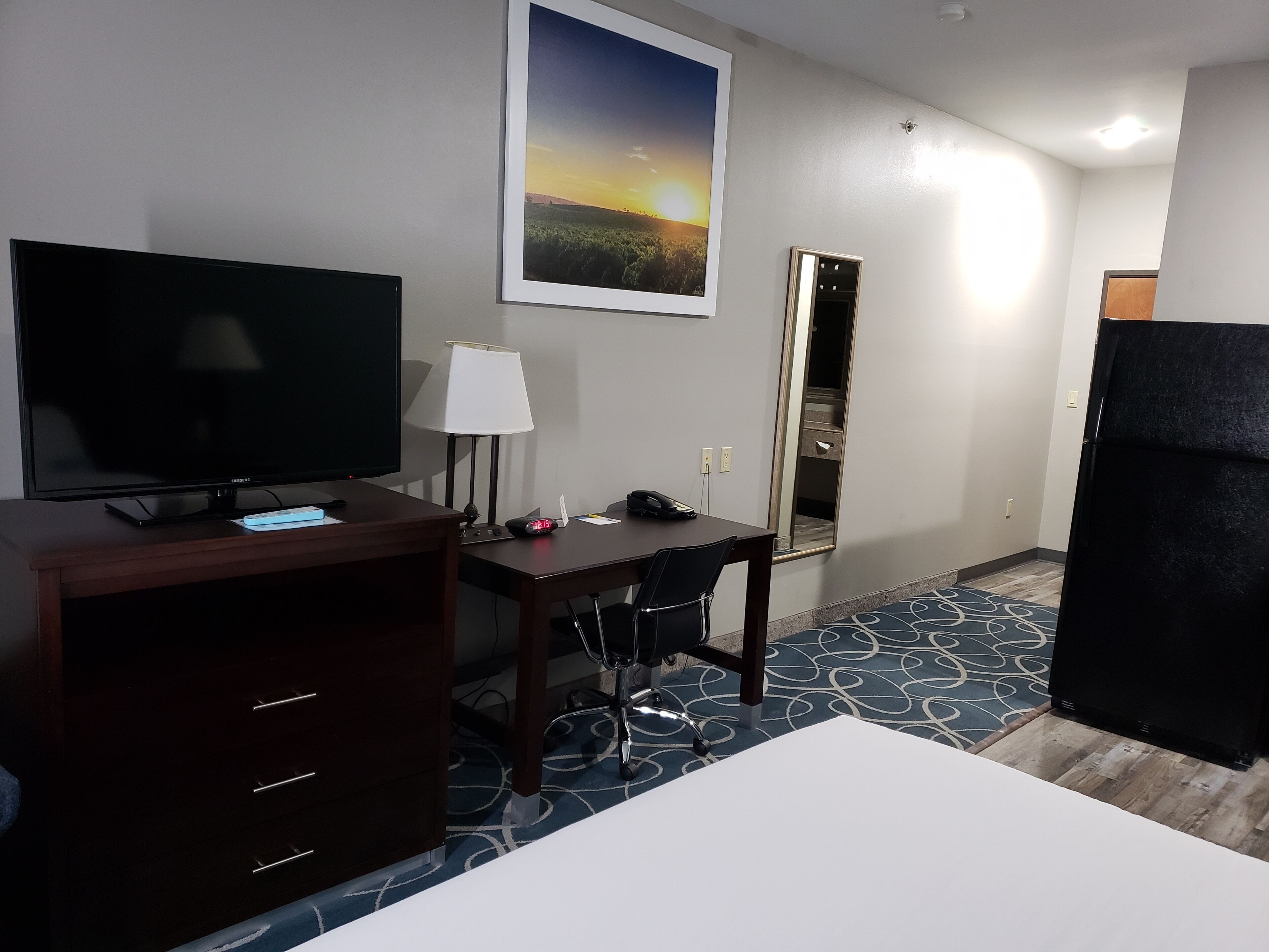 Habitación de hotel con televisión de pantalla plana, escritorio con lámpara, silla, cama, espejo y alfombra estampada.