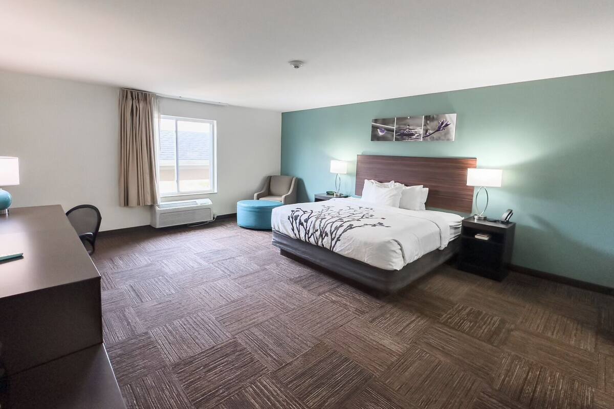 A hotel room with a bed, a desk, a chair, a nightstand, and a window with curtains.