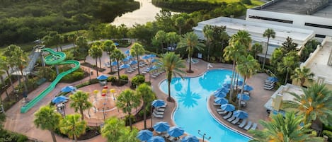 Outdoor pool, pool umbrellas, pool loungers