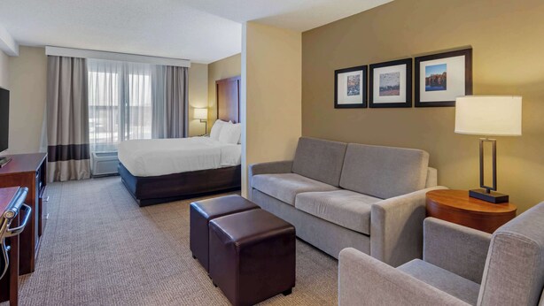 A hotel room with a bed, a sofa, a desk, and a TV.