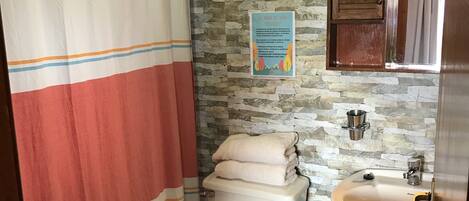 A bathroom with a striped shower curtain, a toilet, a sink, and a stone wall.
