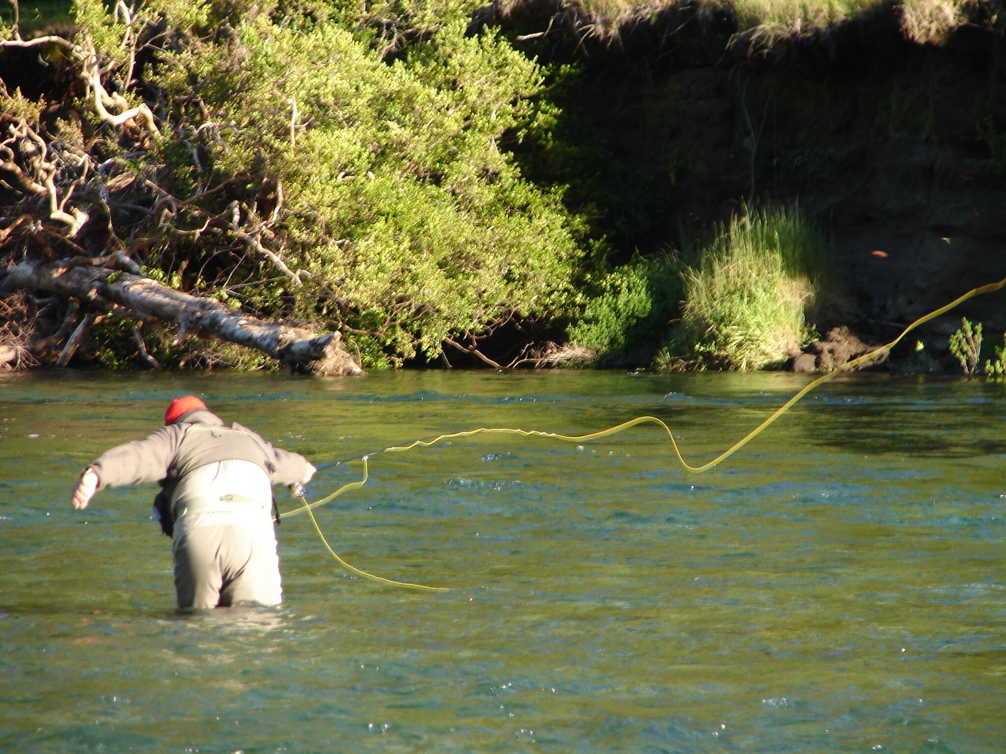 A person wading in a river with a fishing rod.