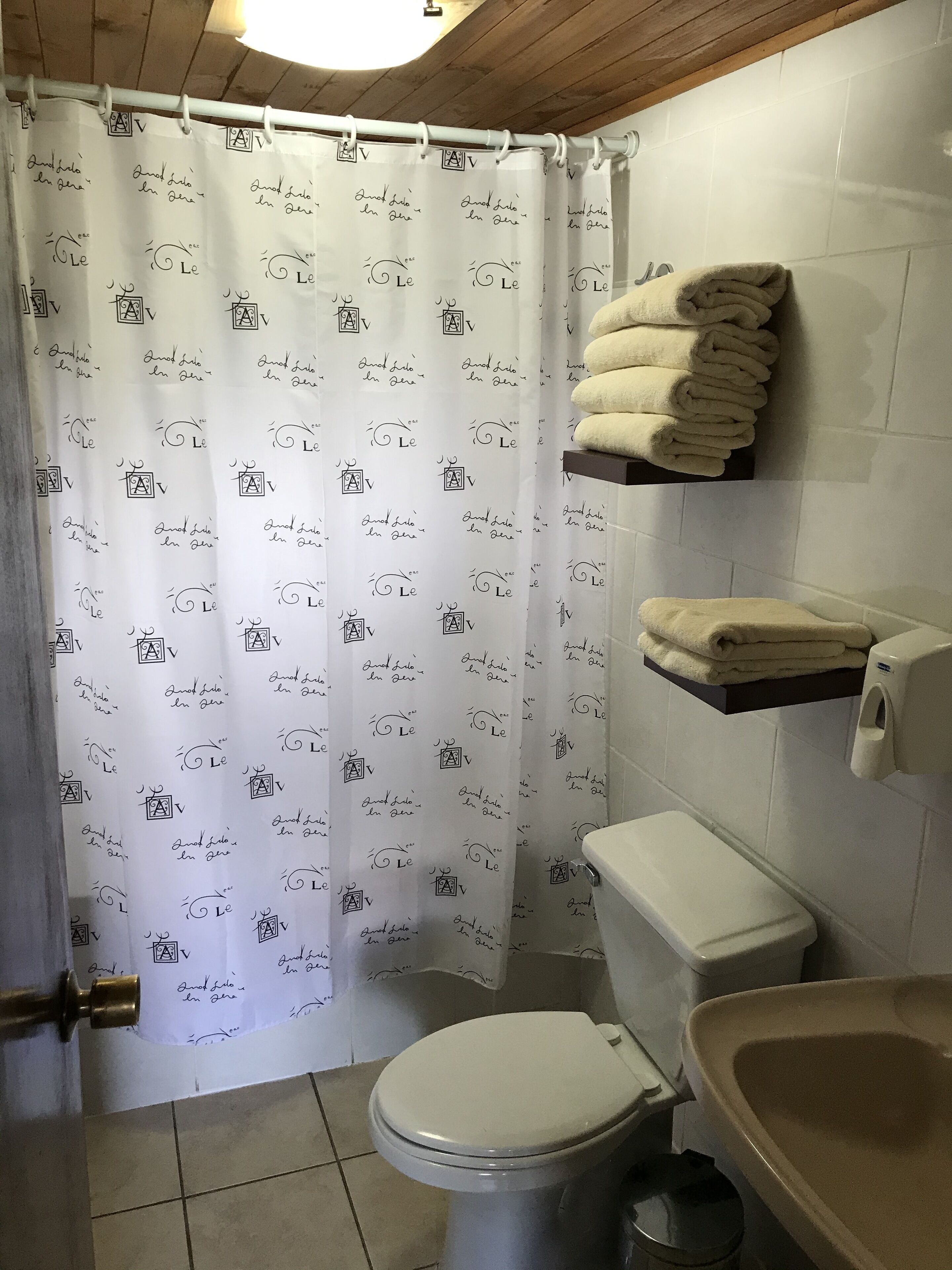 A bathroom with a toilet, a sink, a towel rack with towels, and a shower curtain with text.