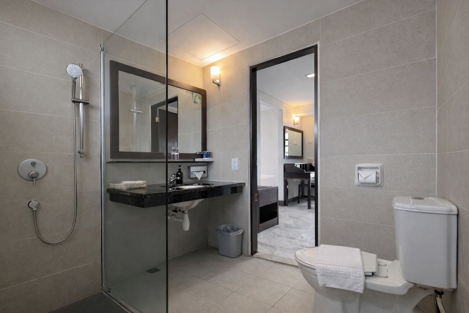 A modern bathroom with a glass shower enclosure, a sink with a mirror, and a toilet.