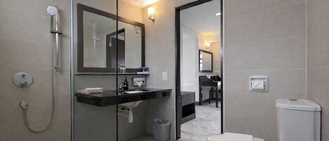 A modern bathroom with a glass shower enclosure, a sink with a mirror, and a toilet.