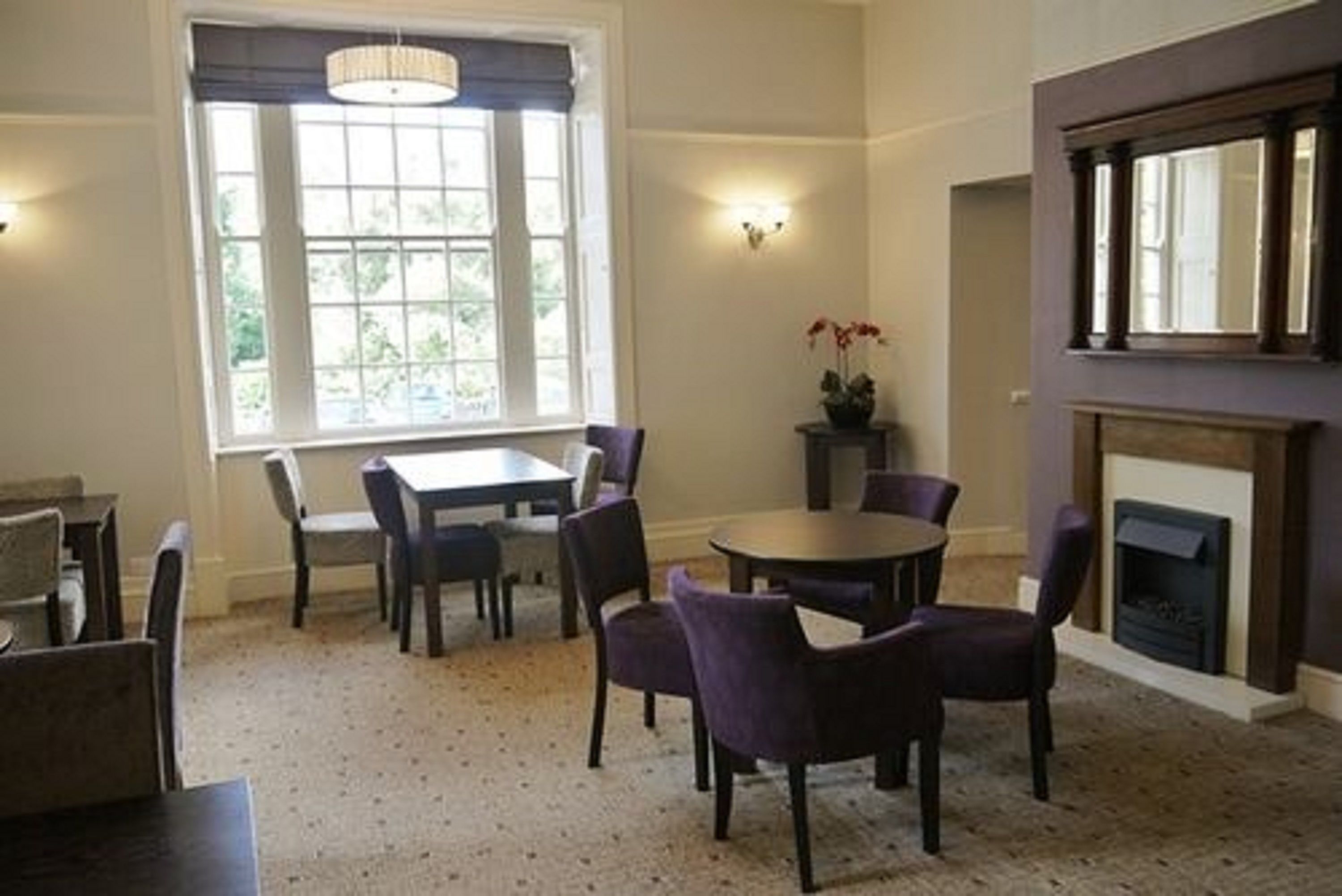 A dining area with a round table and chairs, a window with a view of greenery, and a fireplace.