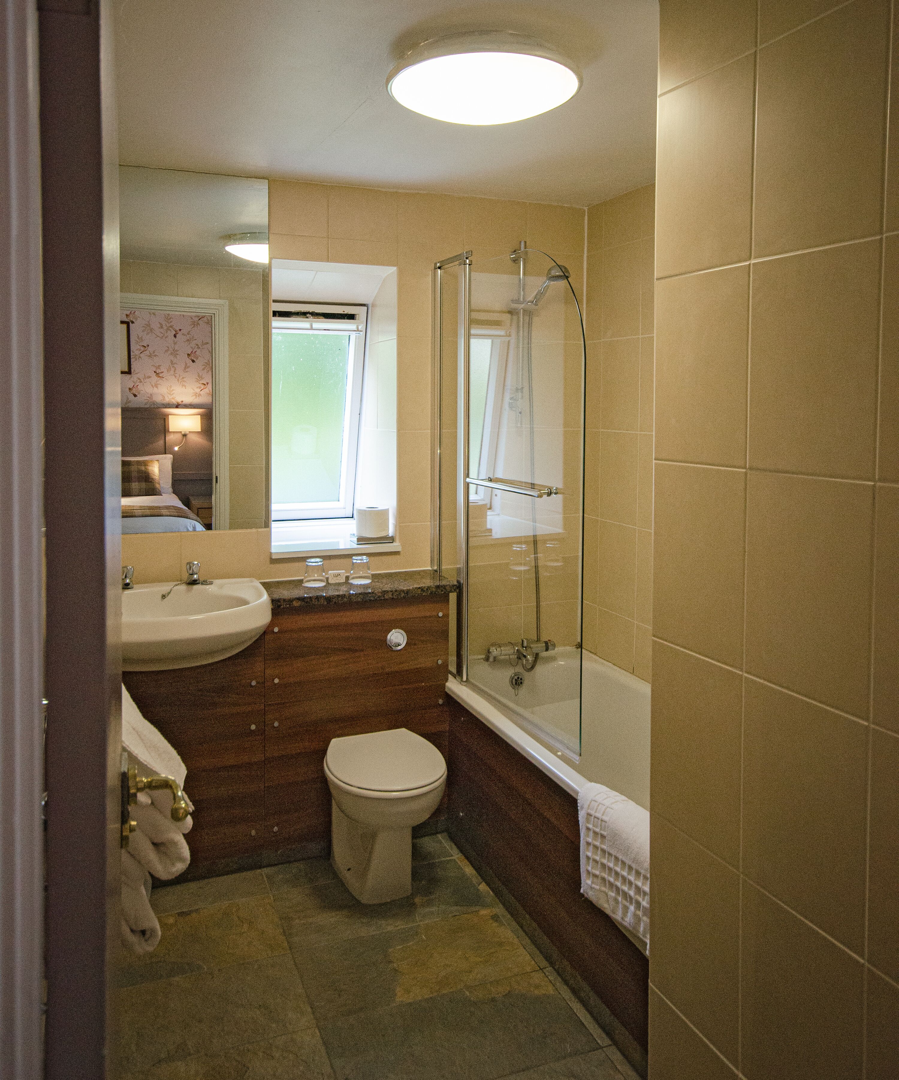Een kleine badkamer met toilet, wastafel en douche met glazen wanden.