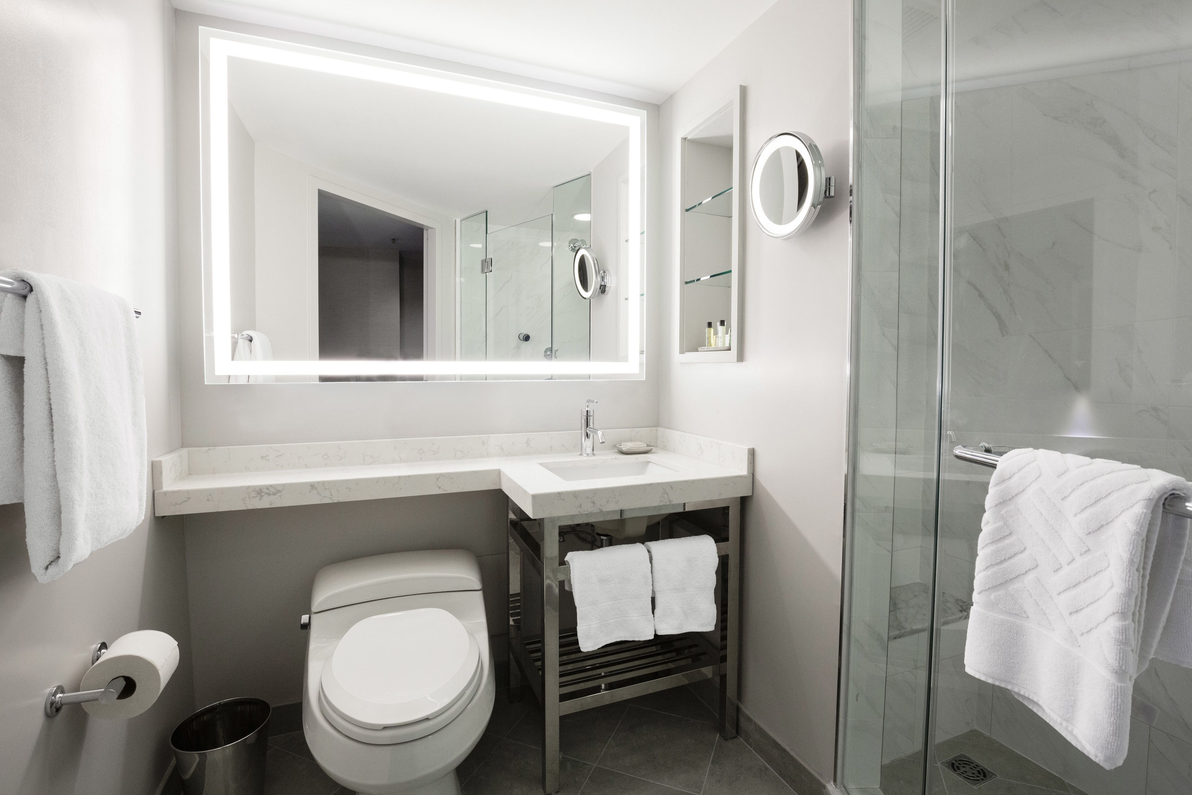 eco-friendly toiletries, hair dryer, towels, shampoo