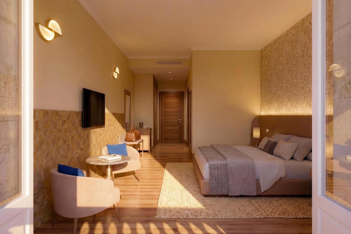 Peralatan tempat tidur premium, bar mini, peti besi dalam bilik, meja