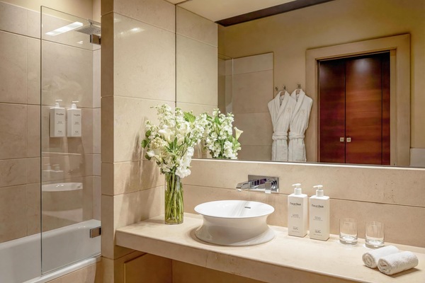 Separate tub and shower, free toiletries, hair dryer, bathrobes