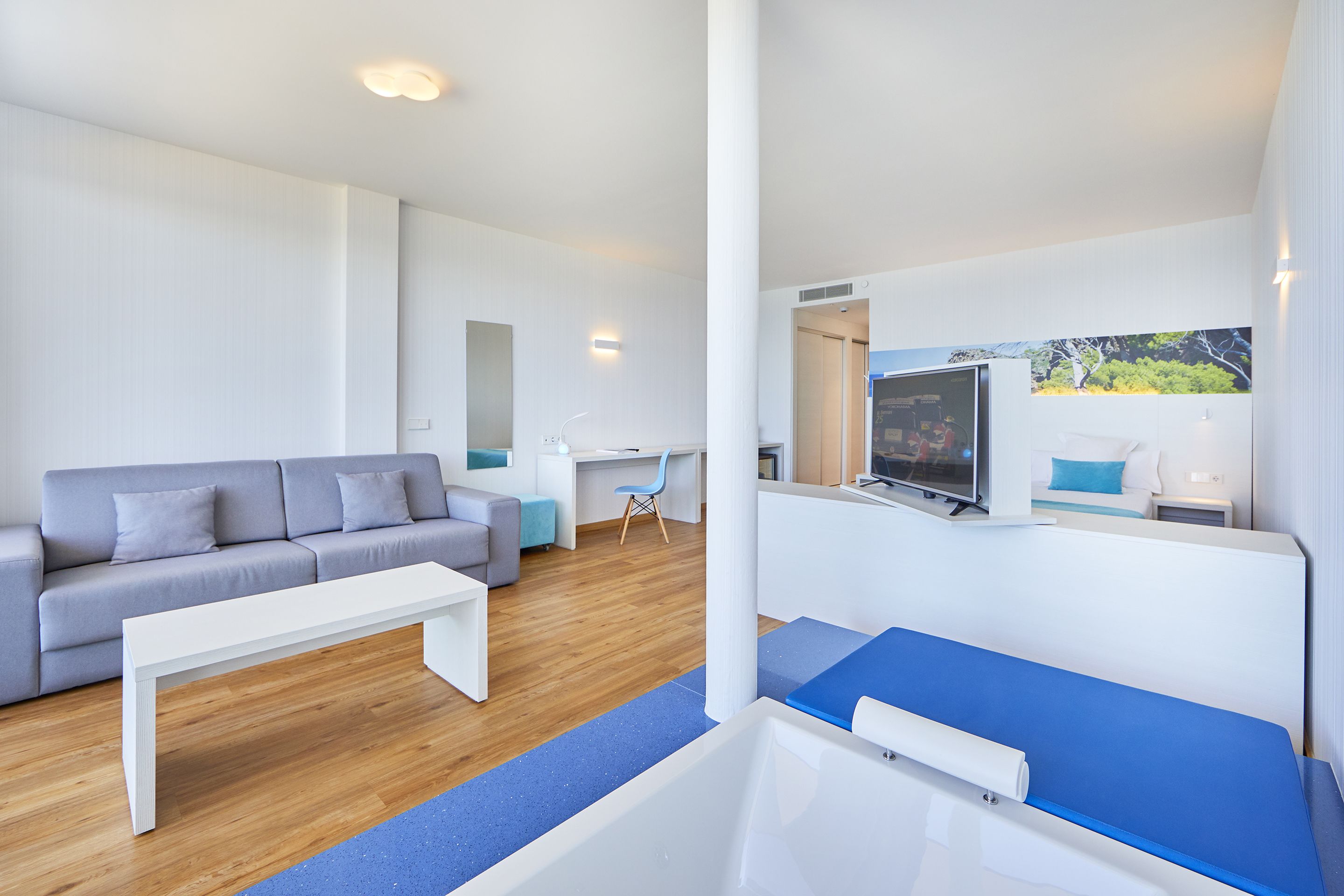 Een moderne woonkamer met een bank, een witte salontafel, een blauw vloerkleed en een witte badkuip.
