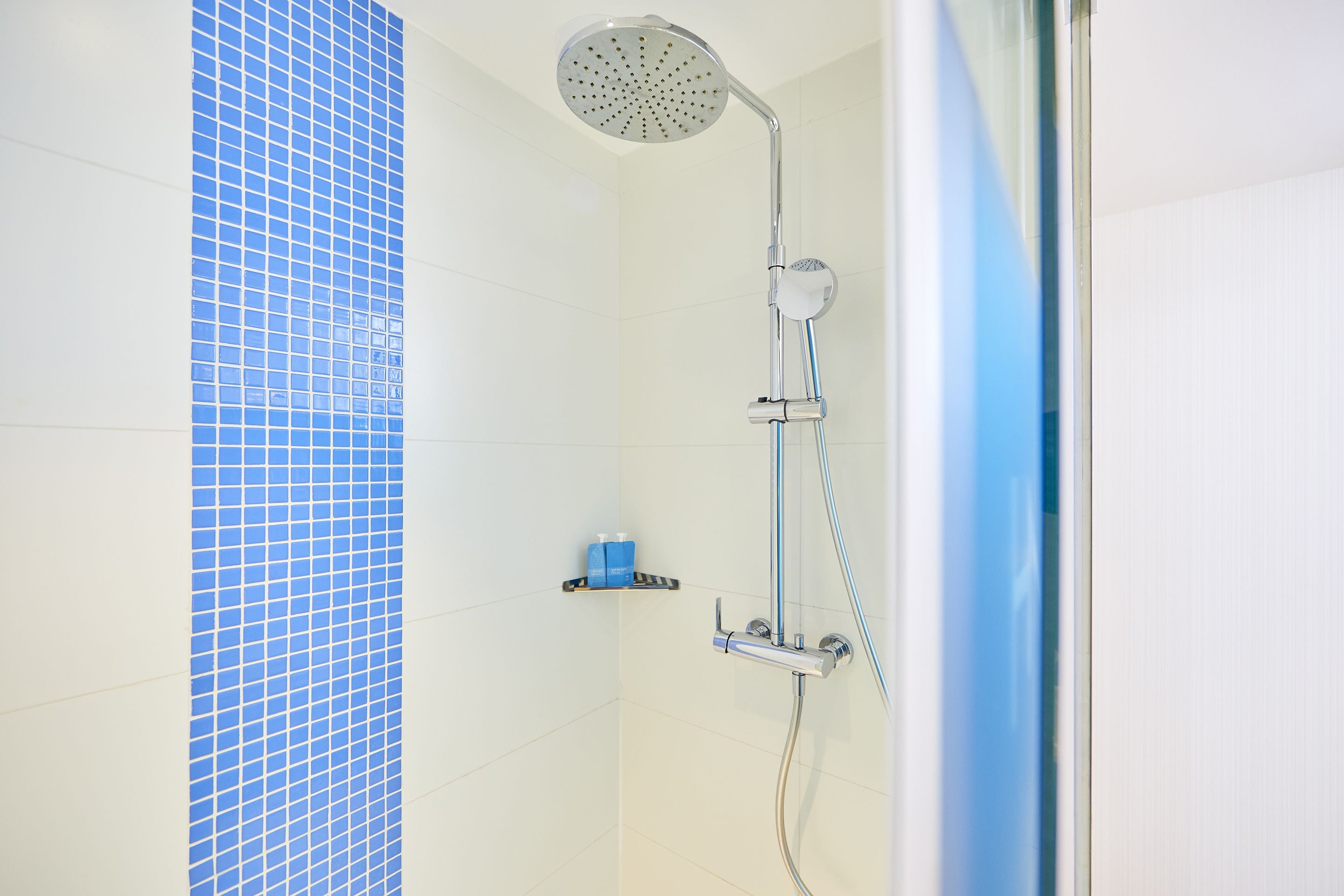 A shower with a handheld showerhead and a wall-mounted faucet.