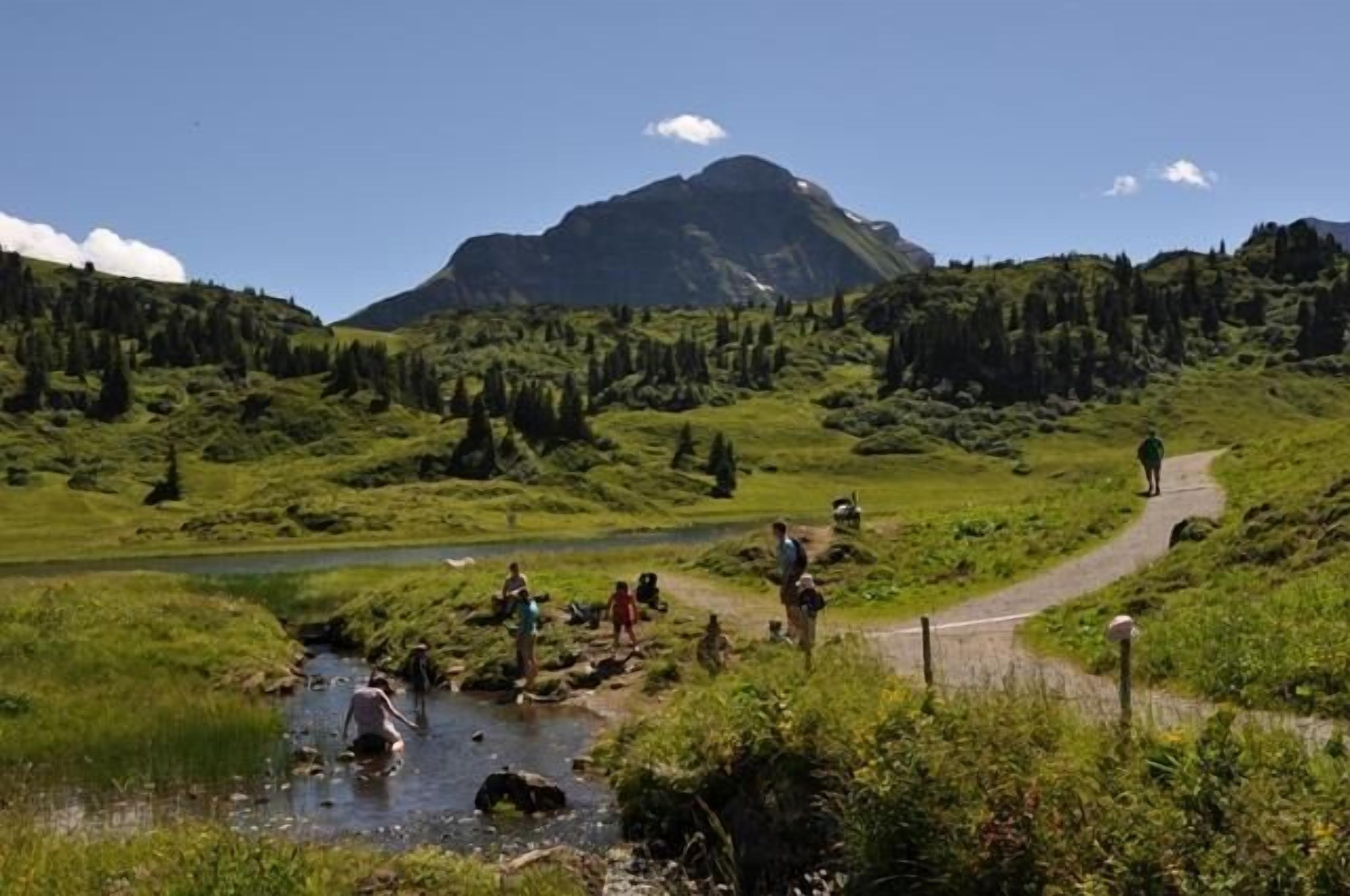 A mountainous landscape with a clear sky, a winding path, and a group of people near a stream.