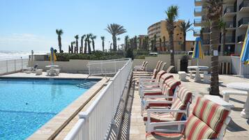 Outdoor pool, pool umbrellas, pool loungers