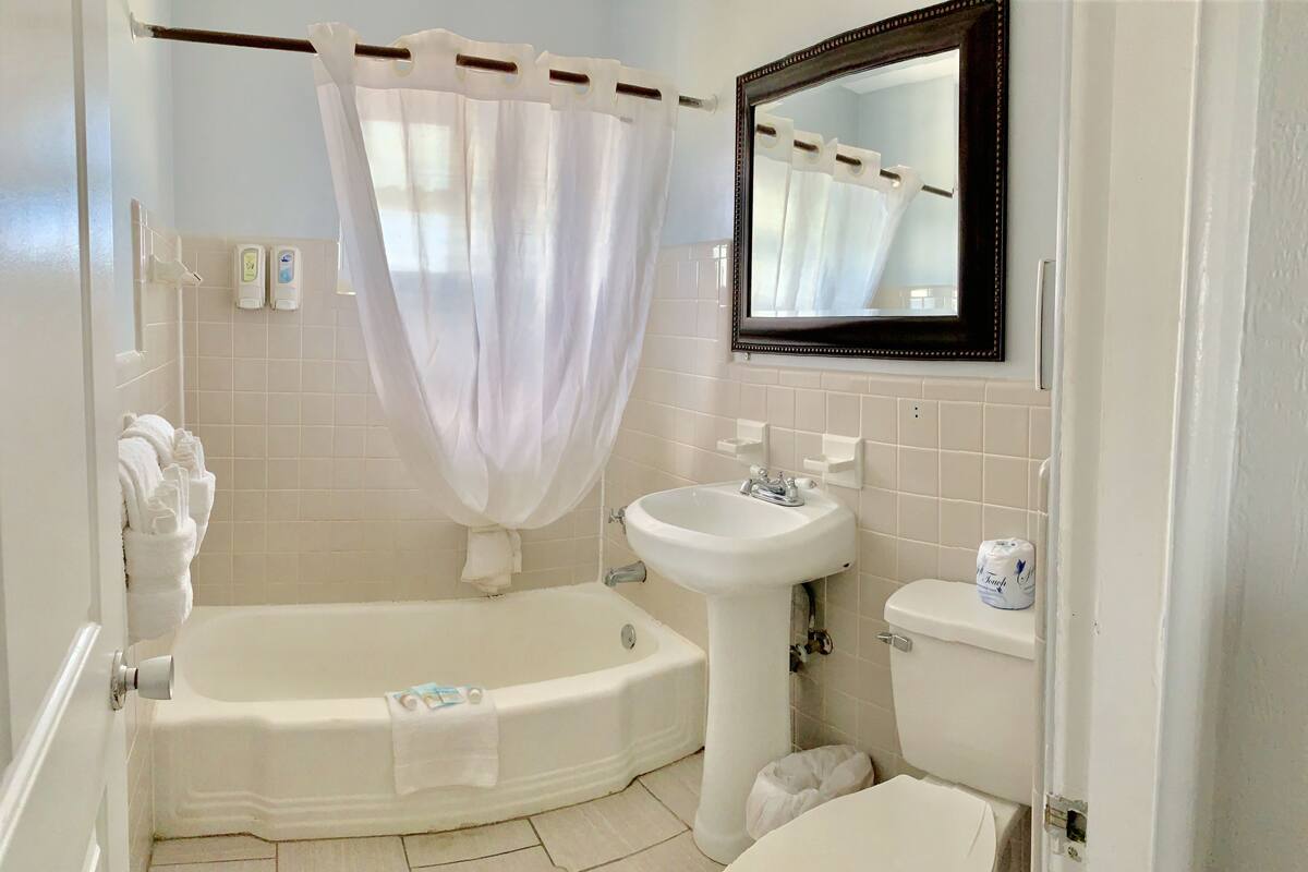Combined shower/tub, free toiletries, hair dryer, towels
