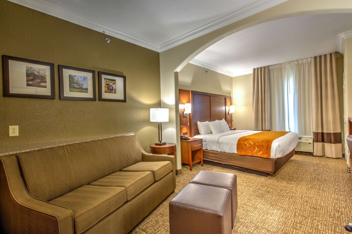 Une chambre d’hôtel avec un grand lit, un canapé, une petite table et une lampe.