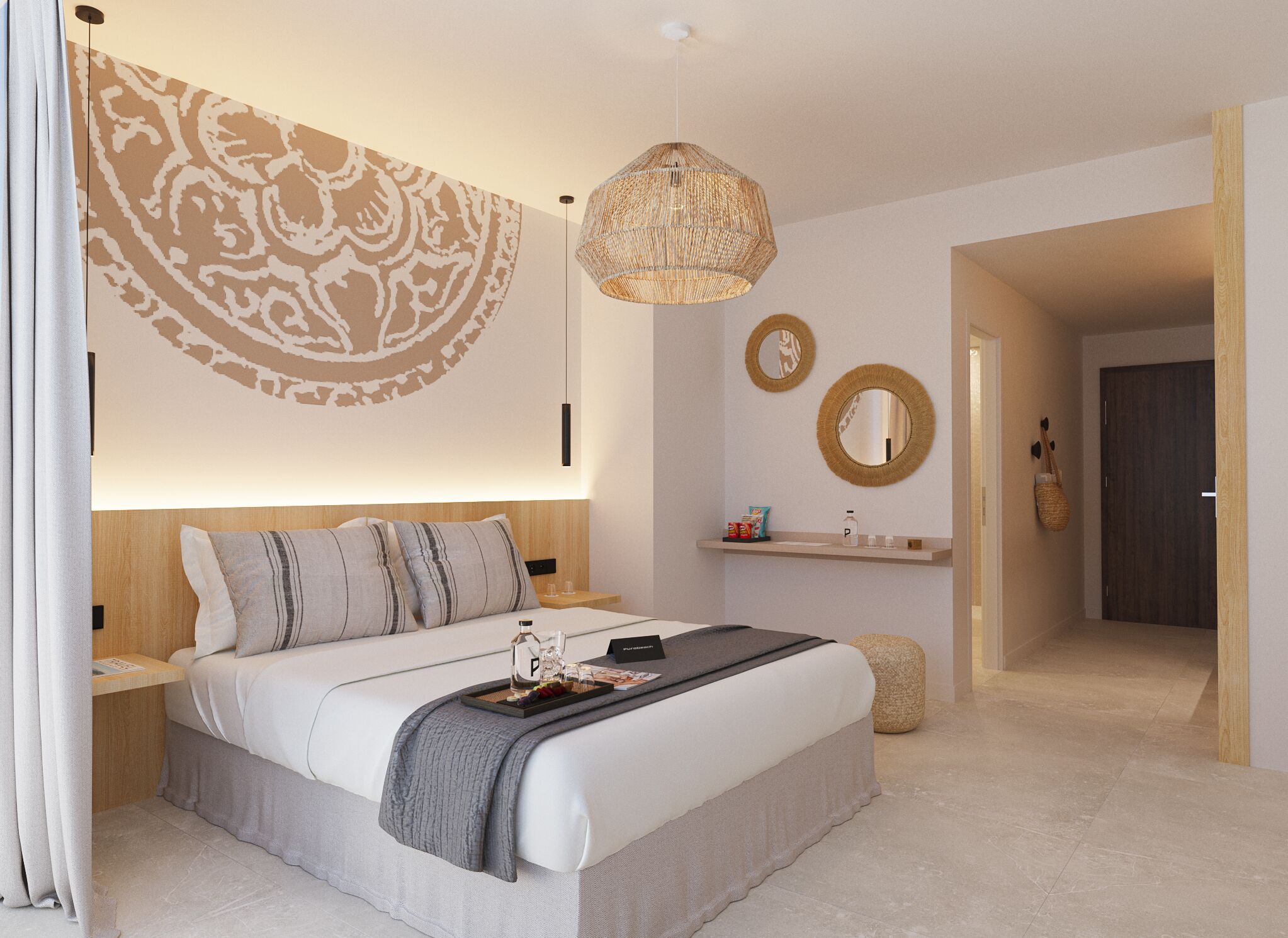 A modern bedroom with a large bed, bedside tables, a hanging light fixture, a wall-mounted mirror, and a door leading to another room.