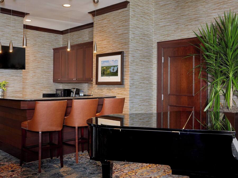 A bar area with a piano, wooden cabinets, and a large potted plant.