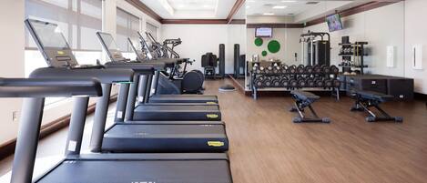 A gym with treadmills, weight machines, and free weights.