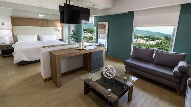 Habitación de hotel moderna con una cama grande, un escritorio, un sofá y vistas a la ciudad.