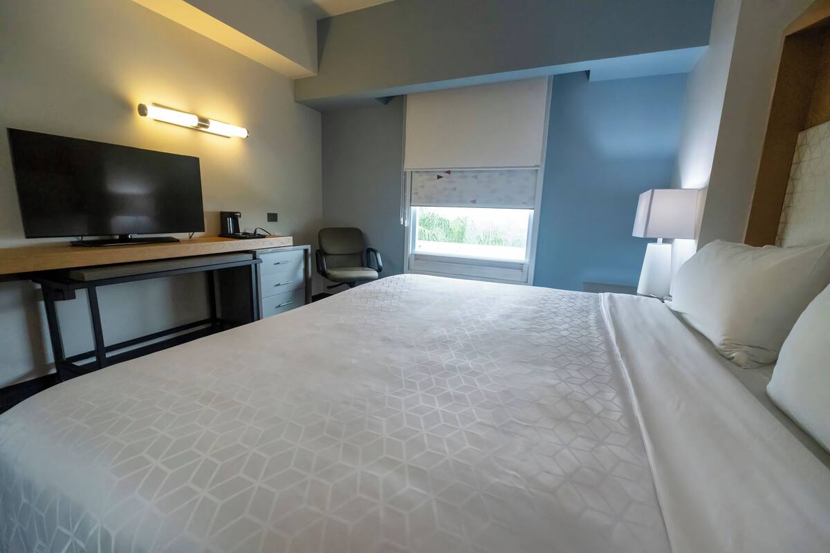 Habitación de hotel con una cama grande, un escritorio, un televisor de pantalla plana, una silla y una ventana con persianas.