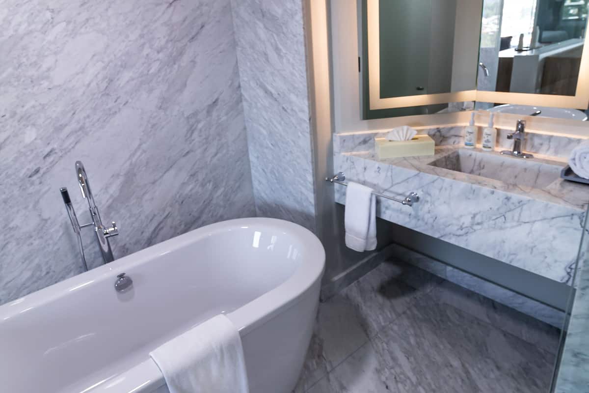 suite, 1 king bed | bathroom | shower, free toiletries, hair dryer, towels