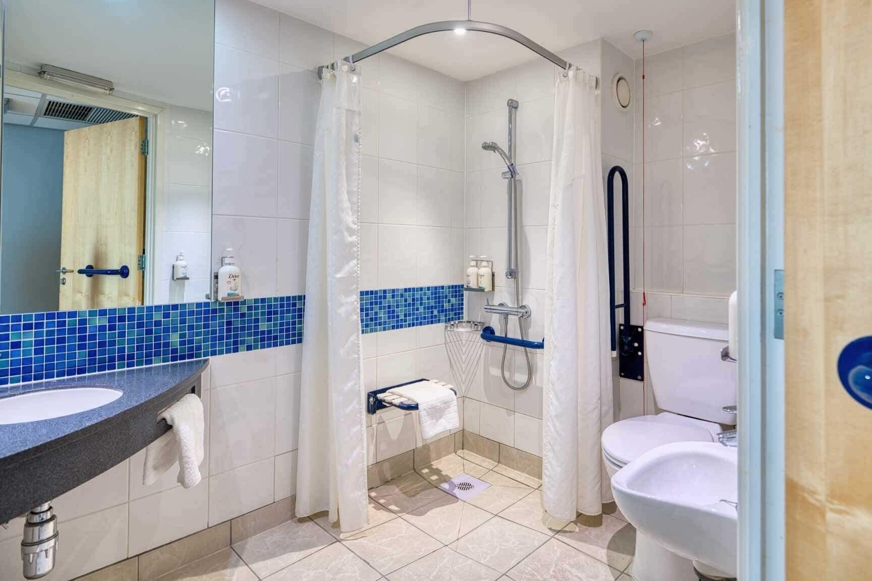 standard room, 1 double bed, accessible | bathroom | shower, free toiletries, hair dryer, towels