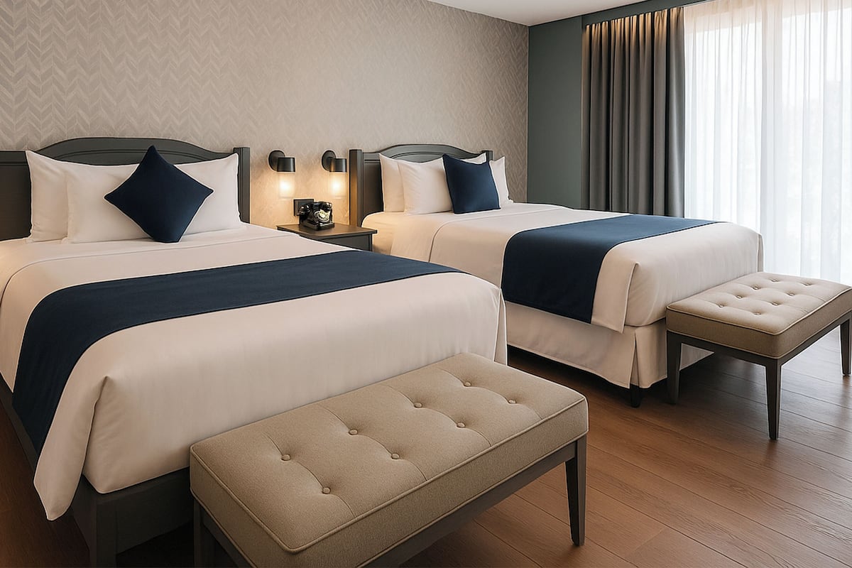 A hotel room with two beds, a bench, and a nightstand with a lamp.