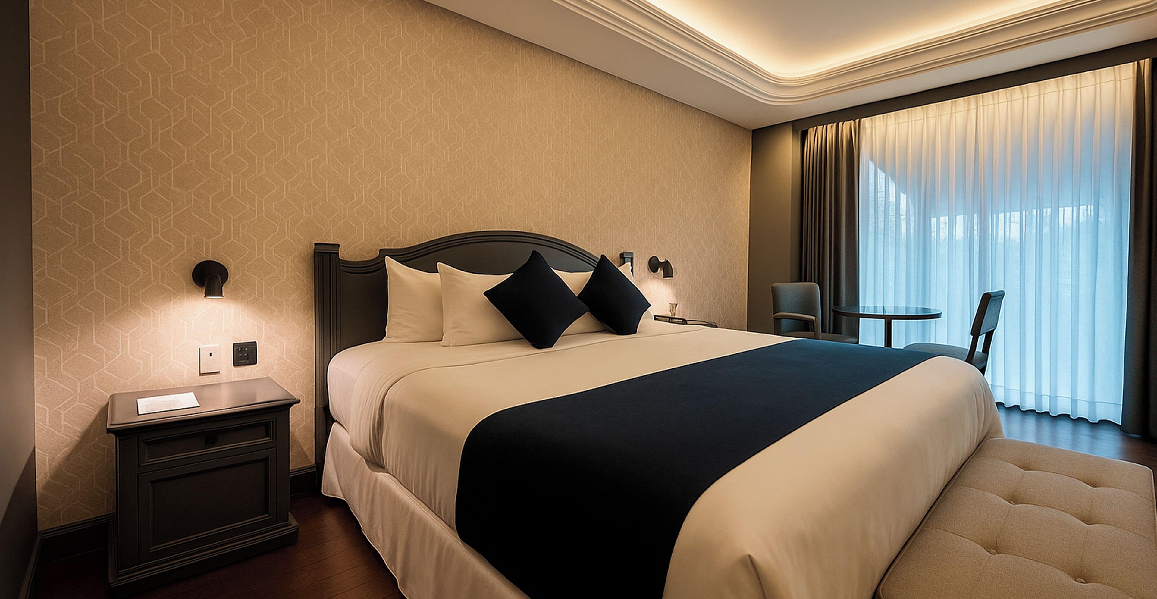 Ropa de cama de alta calidad y caja de seguridad en la habitación 