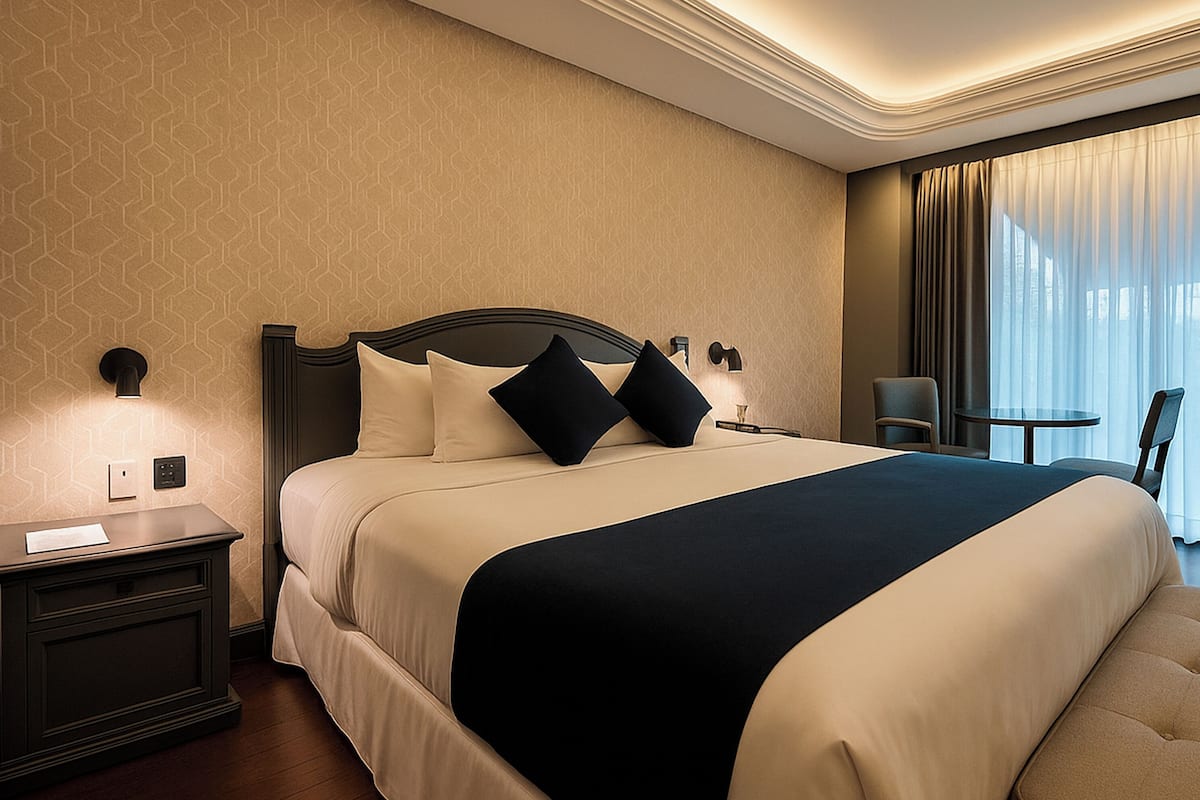 A hotel room with a large bed, a nightstand, a chair, and a view of the outdoors through a window with curtains.