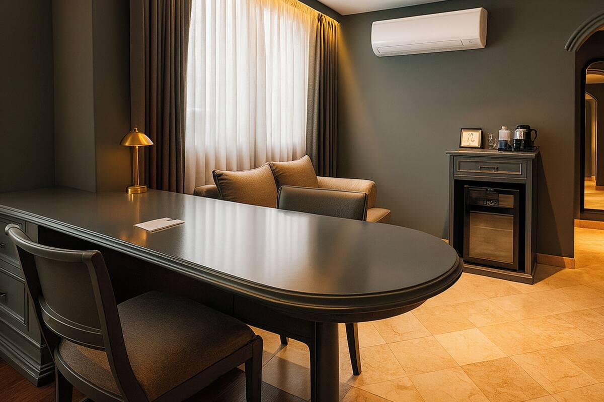 A modern hotel room with a dining table, a sofa, a desk, and a cabinet.