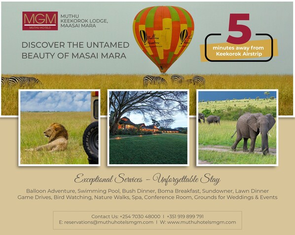 Experience the thrill of a hot air balloon adventure just 5 minutes from Keekorok Airstrip, with breathtaking views of Maasai Mara's wildlife.