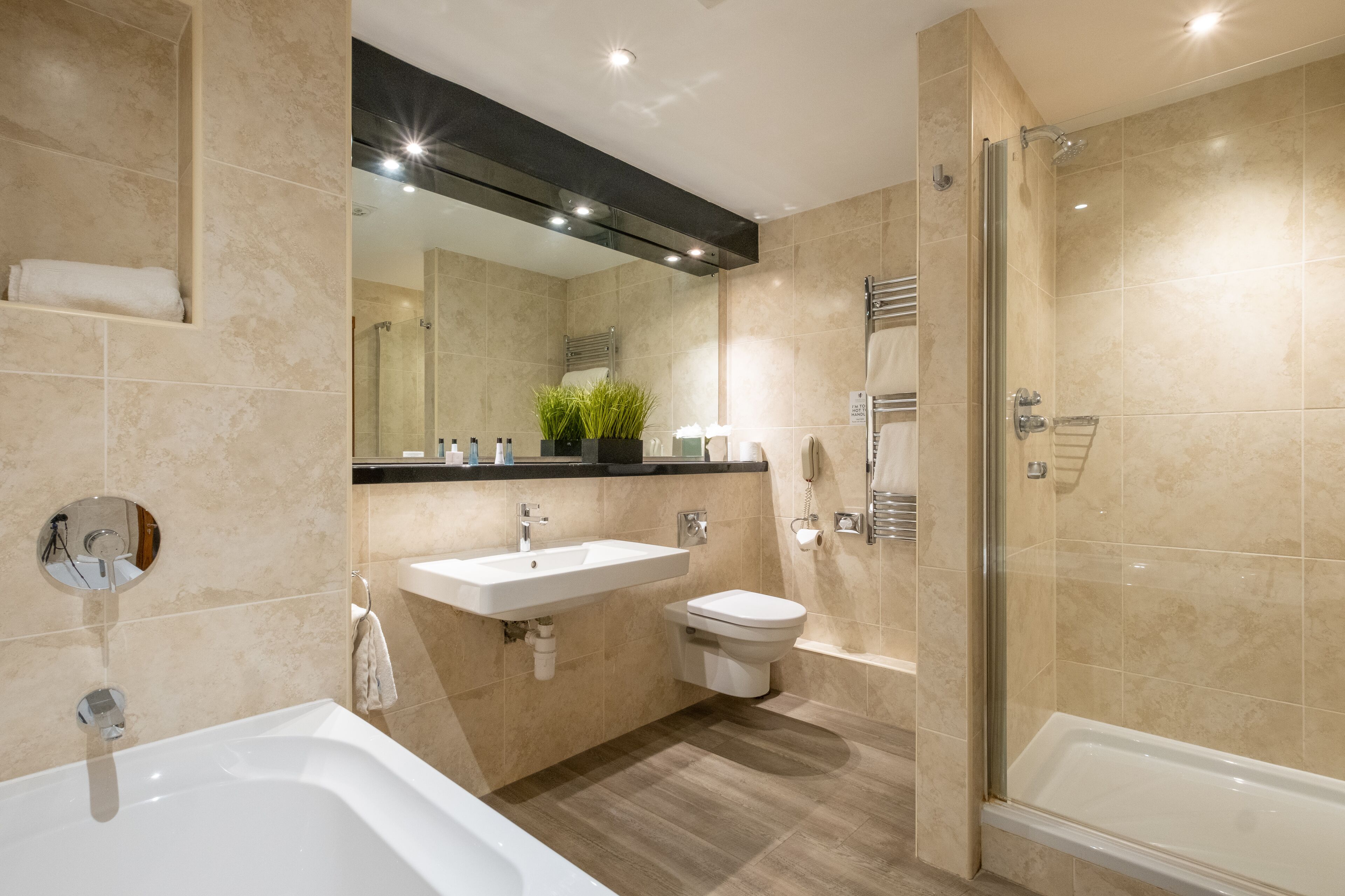 Separate tub and shower, free toiletries, hair dryer, towels