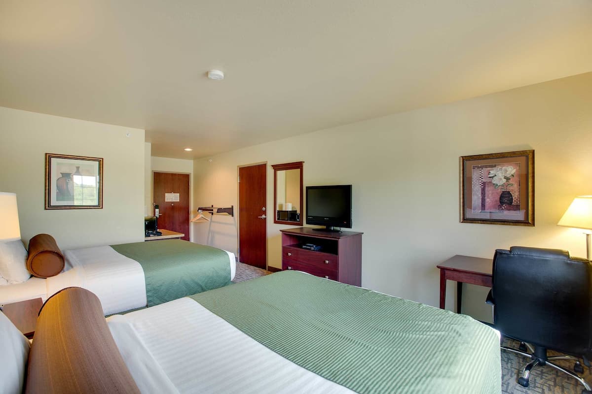A hotel room with two beds, a desk, a chair, a television, and a mirror.